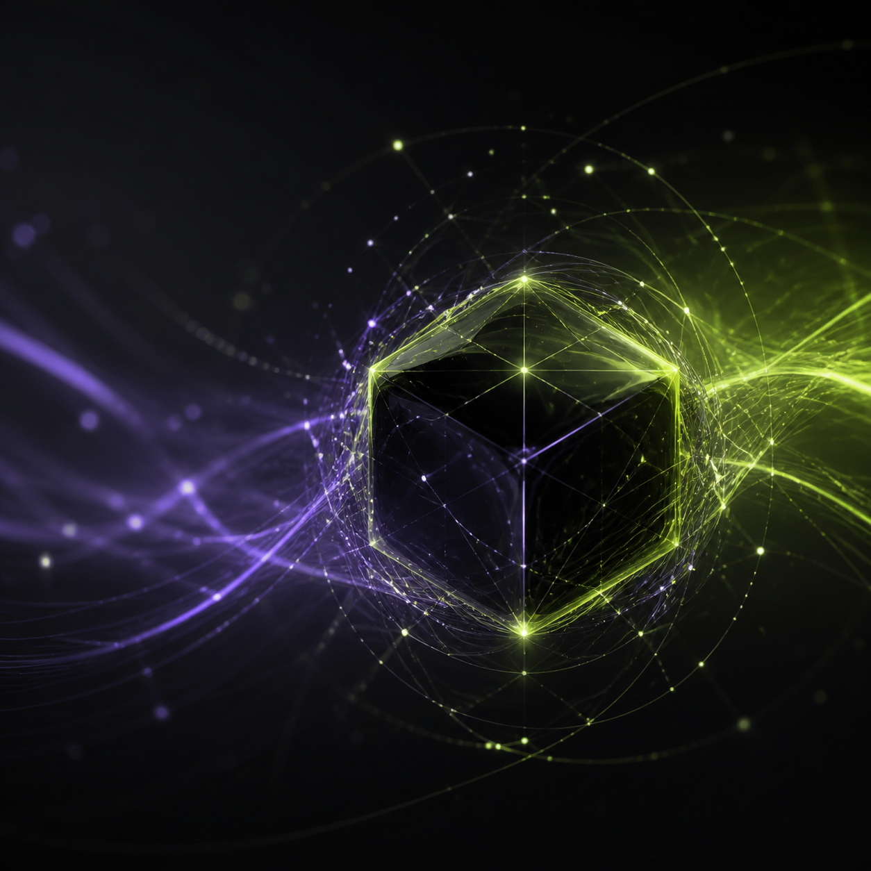 Abstract secure information network illuminated in chartreuse and violet